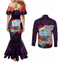 Custom Guam Christmas Couples Matching Mermaid Dress and Long Sleeve Button Shirt Santa Gift Latte Stone and Sea Turle Mix Hibiscus Chamorro Pink Style LT03