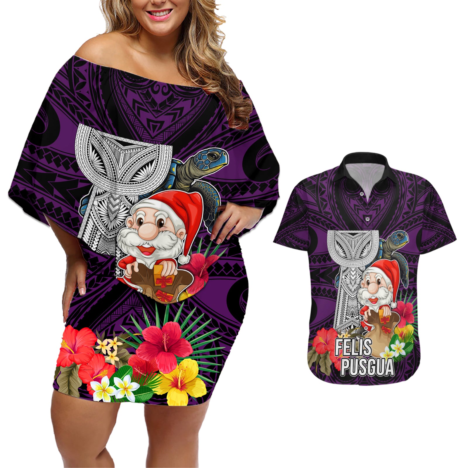 Custom Guam Christmas Couples Matching Off Shoulder Short Dress and Hawaiian Shirt Santa Gift Latte Stone and Sea Turle Mix Hibiscus Chamorro Pink Style LT03