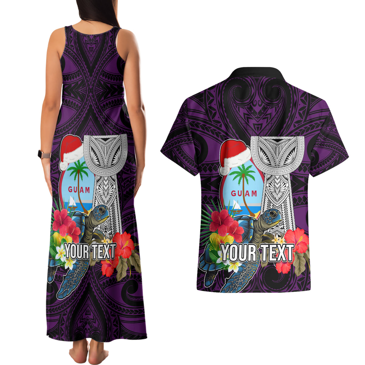 Custom Guam Christmas Couples Matching Tank Maxi Dress and Hawaiian Shirt Santa Gift Latte Stone and Sea Turle Mix Hibiscus Chamorro Pink Style LT03