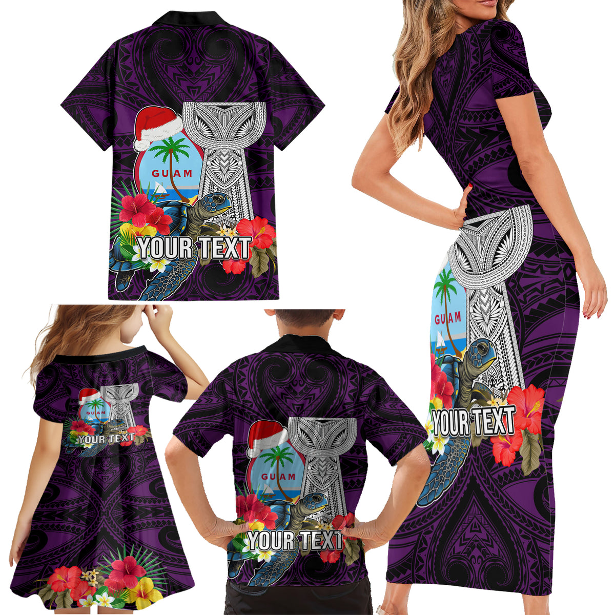 Custom Guam Christmas Family Matching Short Sleeve Bodycon Dress and Hawaiian Shirt Santa Gift Latte Stone and Sea Turle Mix Hibiscus Chamorro Pink Style LT03