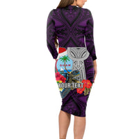 Custom Guam Christmas Long Sleeve Bodycon Dress Santa Gift Latte Stone and Sea Turle Mix Hibiscus Chamorro Pink Style LT03