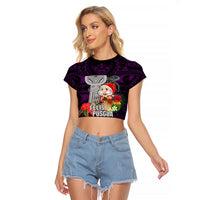 Custom Guam Christmas Raglan Cropped T Shirt Santa Gift Latte Stone and Sea Turle Mix Hibiscus Chamorro Pink Style LT03