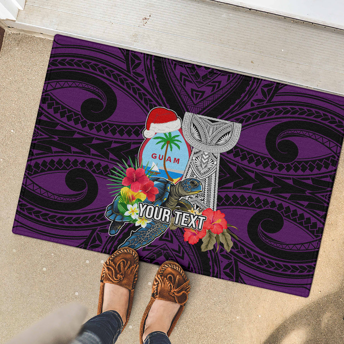Custom Guam Christmas Rubber Doormat Santa Gift Latte Stone and Sea Turle Mix Hibiscus Chamorro Pink Style LT03