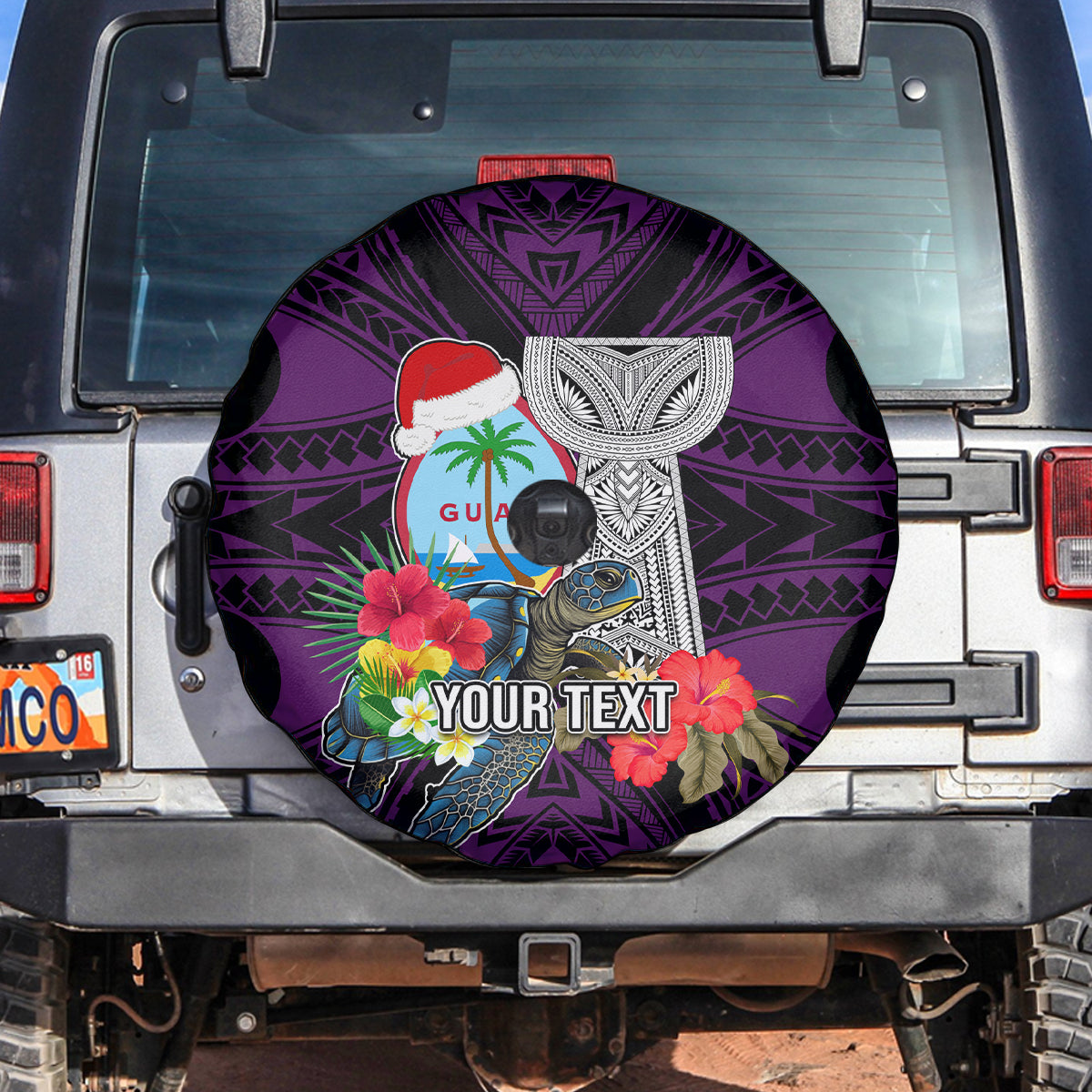 Custom Guam Christmas Spare Tire Cover Santa Gift Latte Stone and Sea Turle Mix Hibiscus Chamorro Pink Style LT03