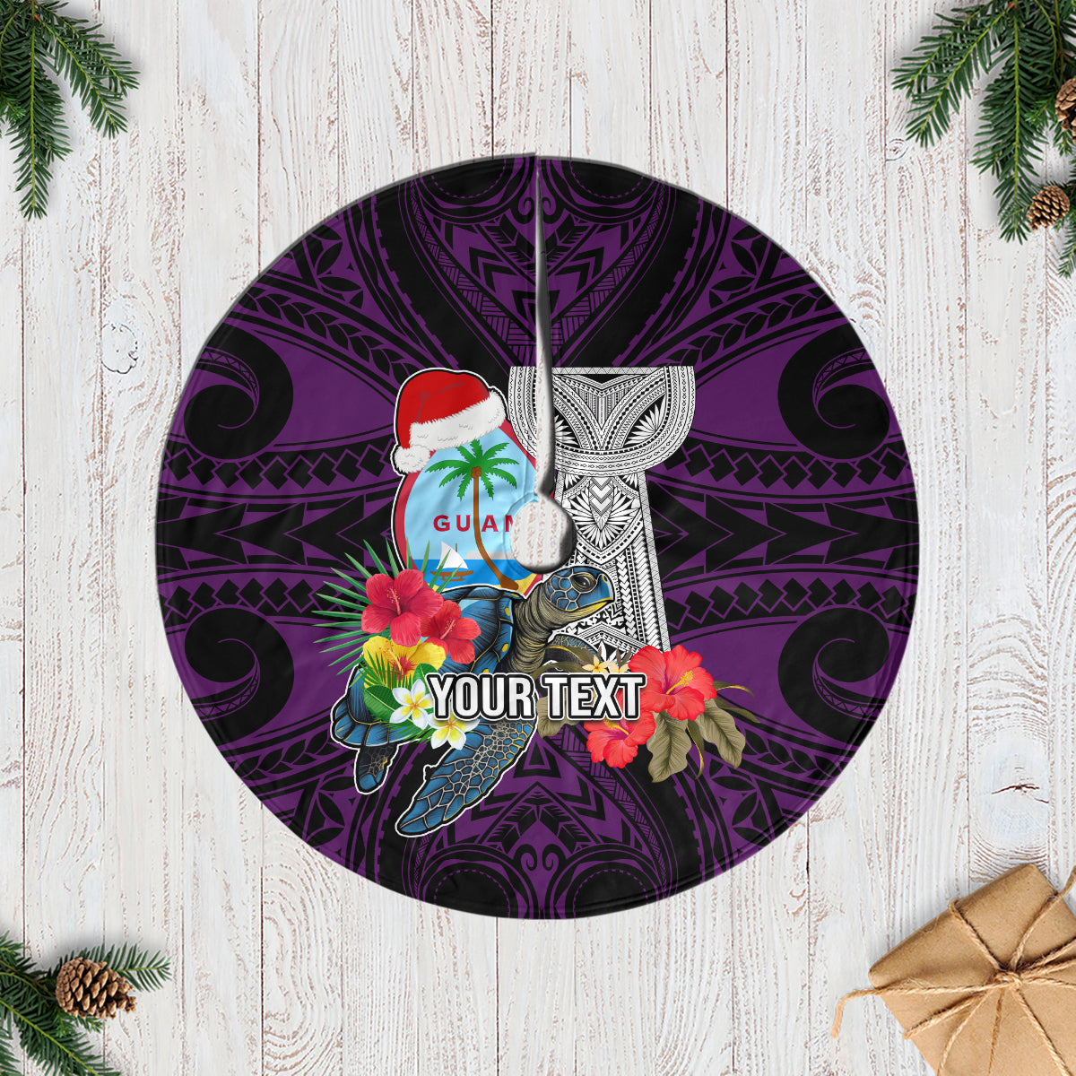 Custom Guam Christmas Tree Skirt Santa Gift Latte Stone and Sea Turle Mix Hibiscus Chamorro Pink Style LT03