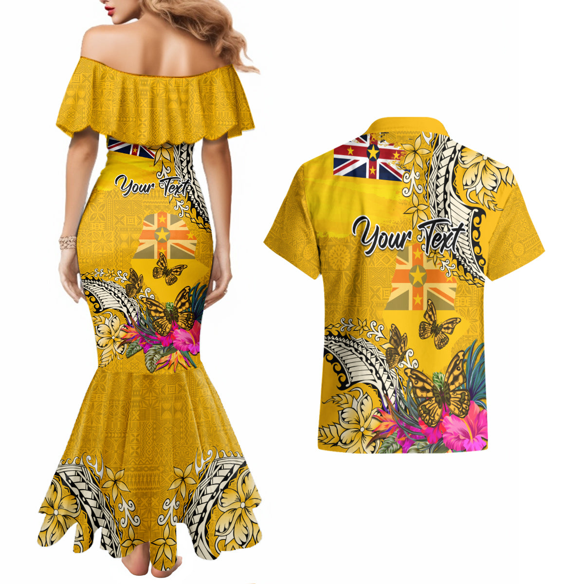 Niue Waitangi Couples Matching Mermaid Dress and Hawaiian Shirt Tropical Flower Tapa Pattern LT03 - Polynesian Pride