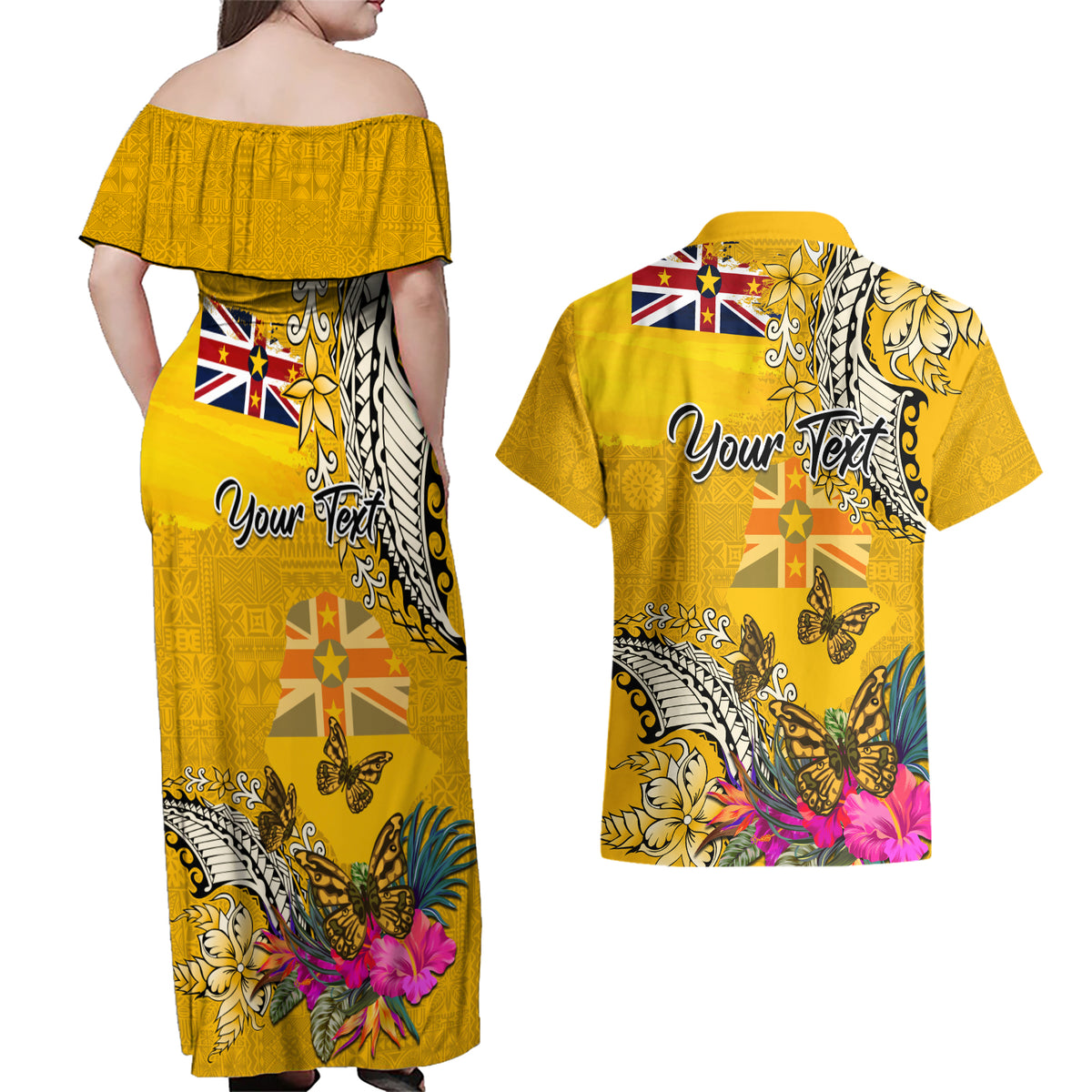 Niue Waitangi Couples Matching Off Shoulder Maxi Dress and Hawaiian Shirt Tropical Flower Tapa Pattern LT03 - Polynesian Pride