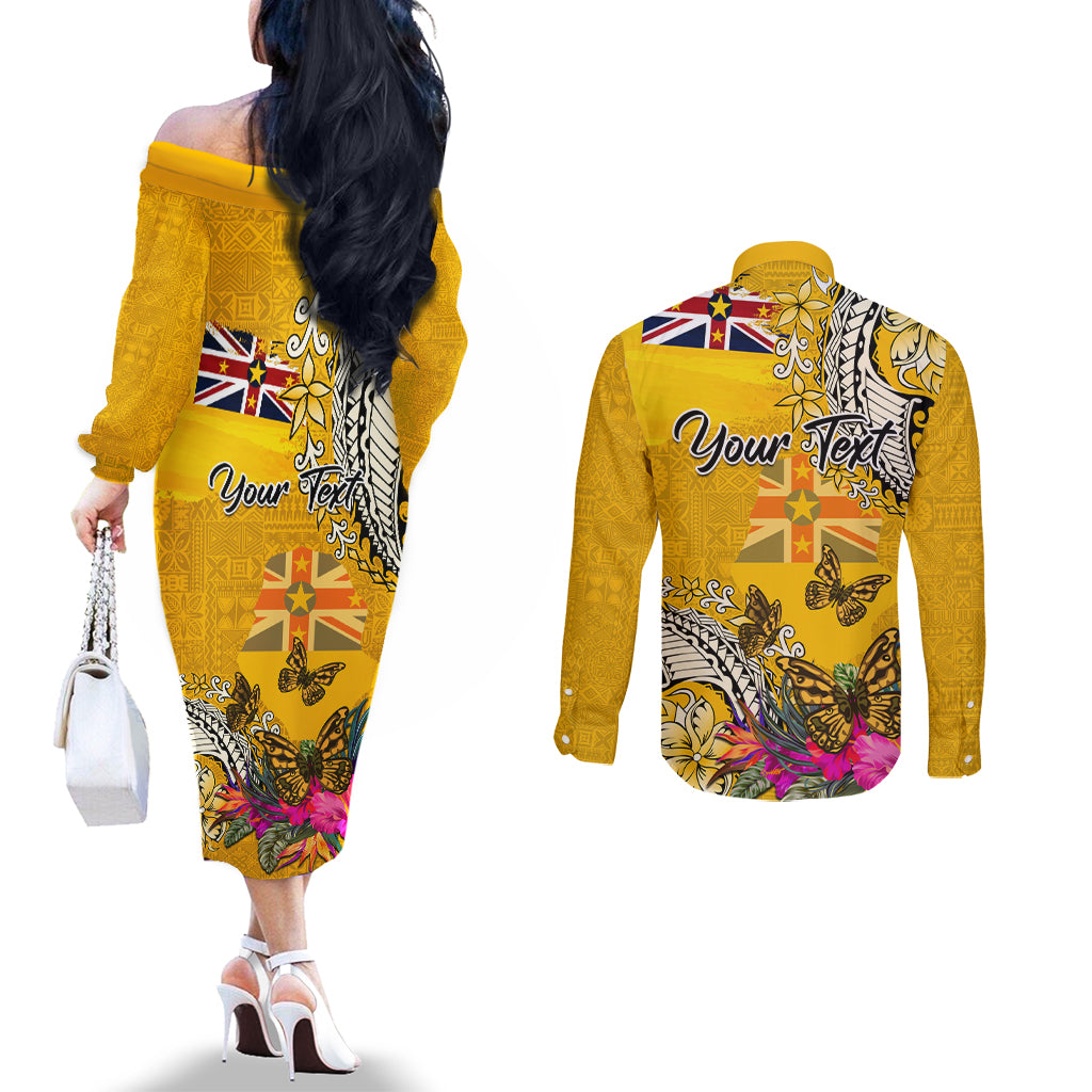 Niue Waitangi Couples Matching Off The Shoulder Long Sleeve Dress and Long Sleeve Button Shirt Tropical Flower Tapa Pattern LT03 - Polynesian Pride