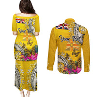 Niue Waitangi Couples Matching Puletasi and Long Sleeve Button Shirt Tropical Flower Tapa Pattern LT03 - Polynesian Pride