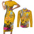 Niue Waitangi Couples Matching Short Sleeve Bodycon Dress and Long Sleeve Button Shirt Tropical Flower Tapa Pattern LT03 Yellow - Polynesian Pride