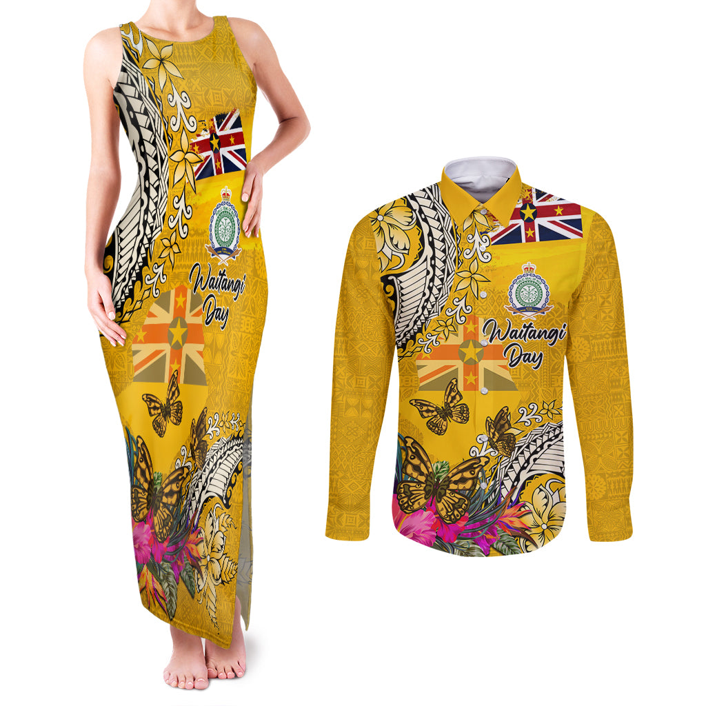 Niue Waitangi Couples Matching Tank Maxi Dress and Long Sleeve Button Shirt Tropical Flower Tapa Pattern LT03 Yellow - Polynesian Pride