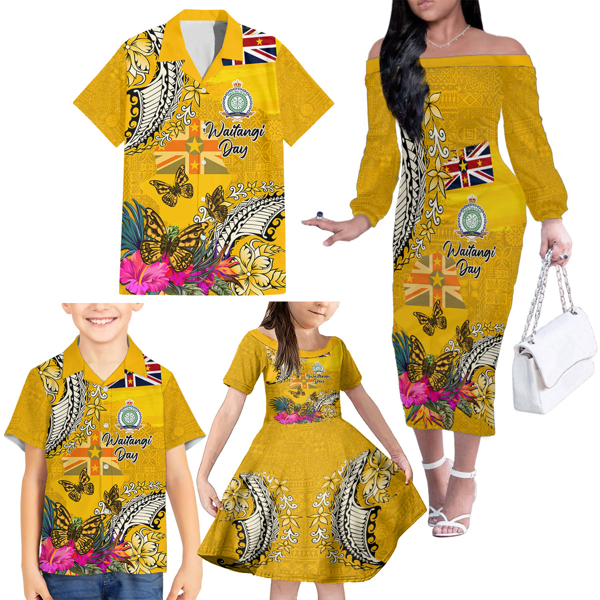 Niue Waitangi Family Matching Off Shoulder Long Sleeve Dress and Hawaiian Shirt Tropical Flower Tapa Pattern LT03 - Polynesian Pride