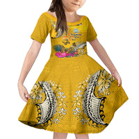 Niue Waitangi Family Matching Off Shoulder Maxi Dress and Hawaiian Shirt Tropical Flower Tapa Pattern LT03 Daughter's Dress Yellow - Polynesian Pride