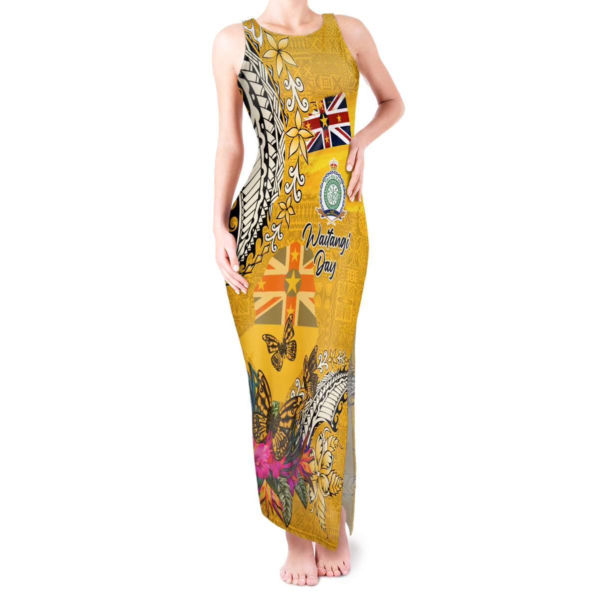 Niue Waitangi Tank Maxi Dress Tropical Flower Tapa Pattern LT03 Women Yellow - Polynesian Pride