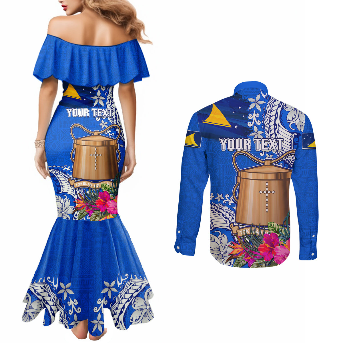 Tokelau Waitangi Couples Matching Mermaid Dress and Long Sleeve Button Shirt Tropical Flower Tapa Pattern LT03 - Polynesian Pride