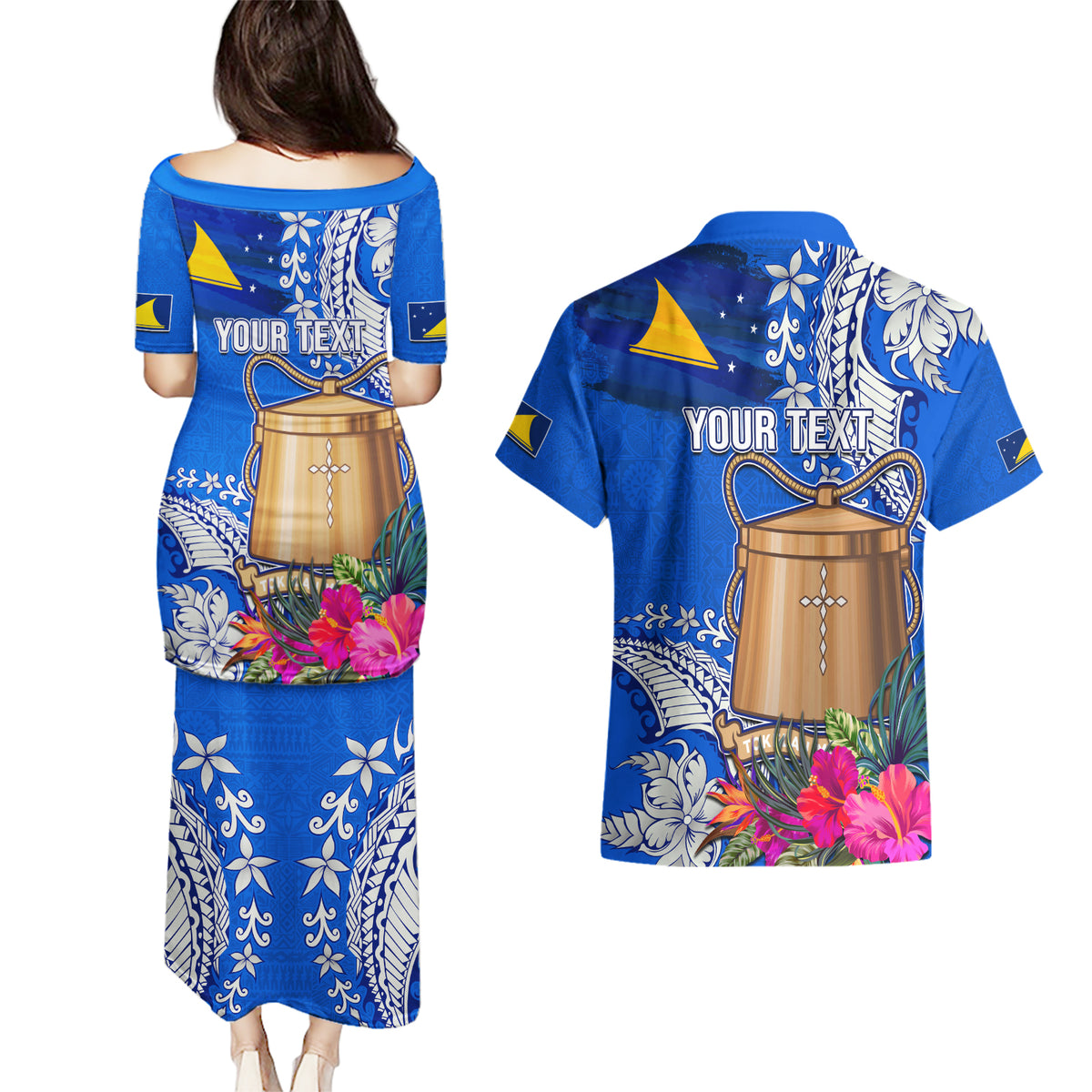Tokelau Waitangi Couples Matching Puletasi and Hawaiian Shirt Tropical Flower Tapa Pattern LT03 - Polynesian Pride