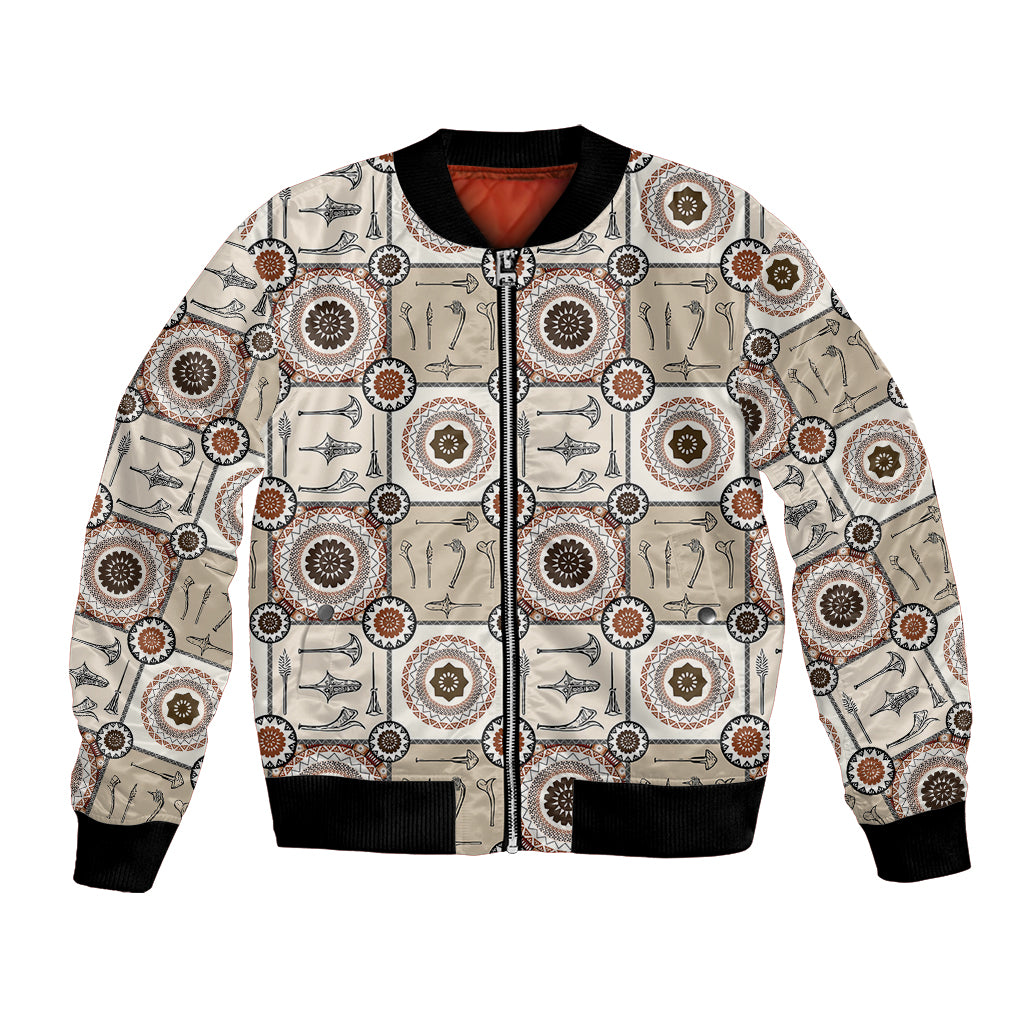 Tukenny Pattern Fijian War Clubs Bomber Jacket LT03 Unisex Beige - Polynesian Pride