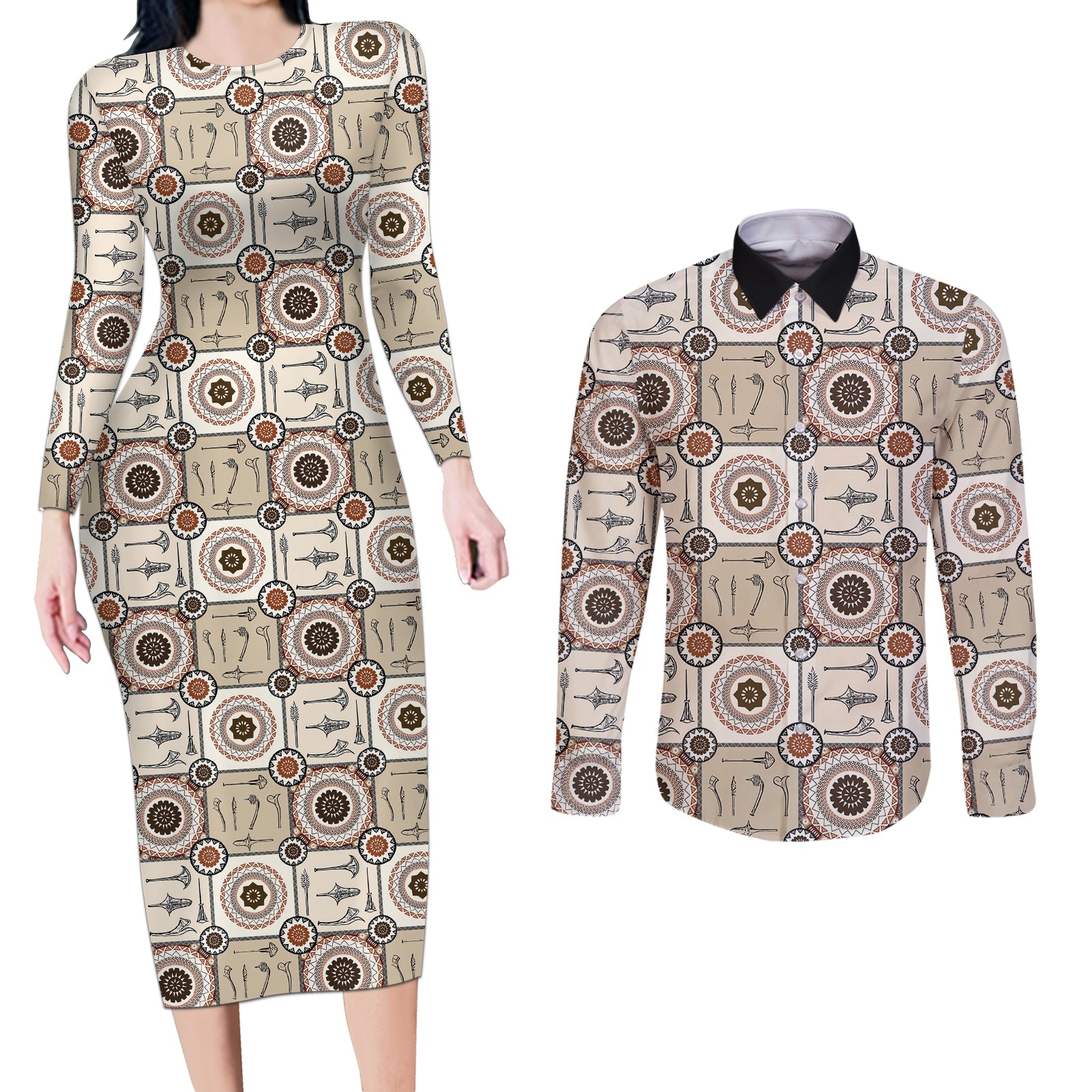 Tukenny Pattern Fijian War Clubs Couples Matching Long Sleeve Bodycon Dress and Long Sleeve Button Shirt LT03 Beige - Polynesian Pride