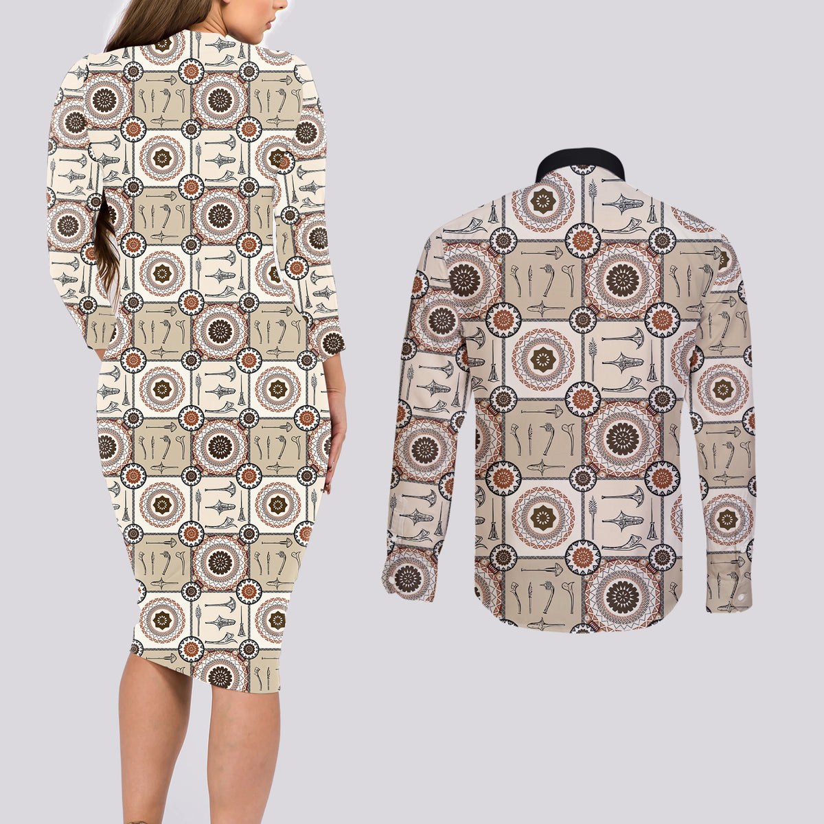Tukenny Pattern Fijian War Clubs Couples Matching Long Sleeve Bodycon Dress and Long Sleeve Button Shirt LT03 - Polynesian Pride