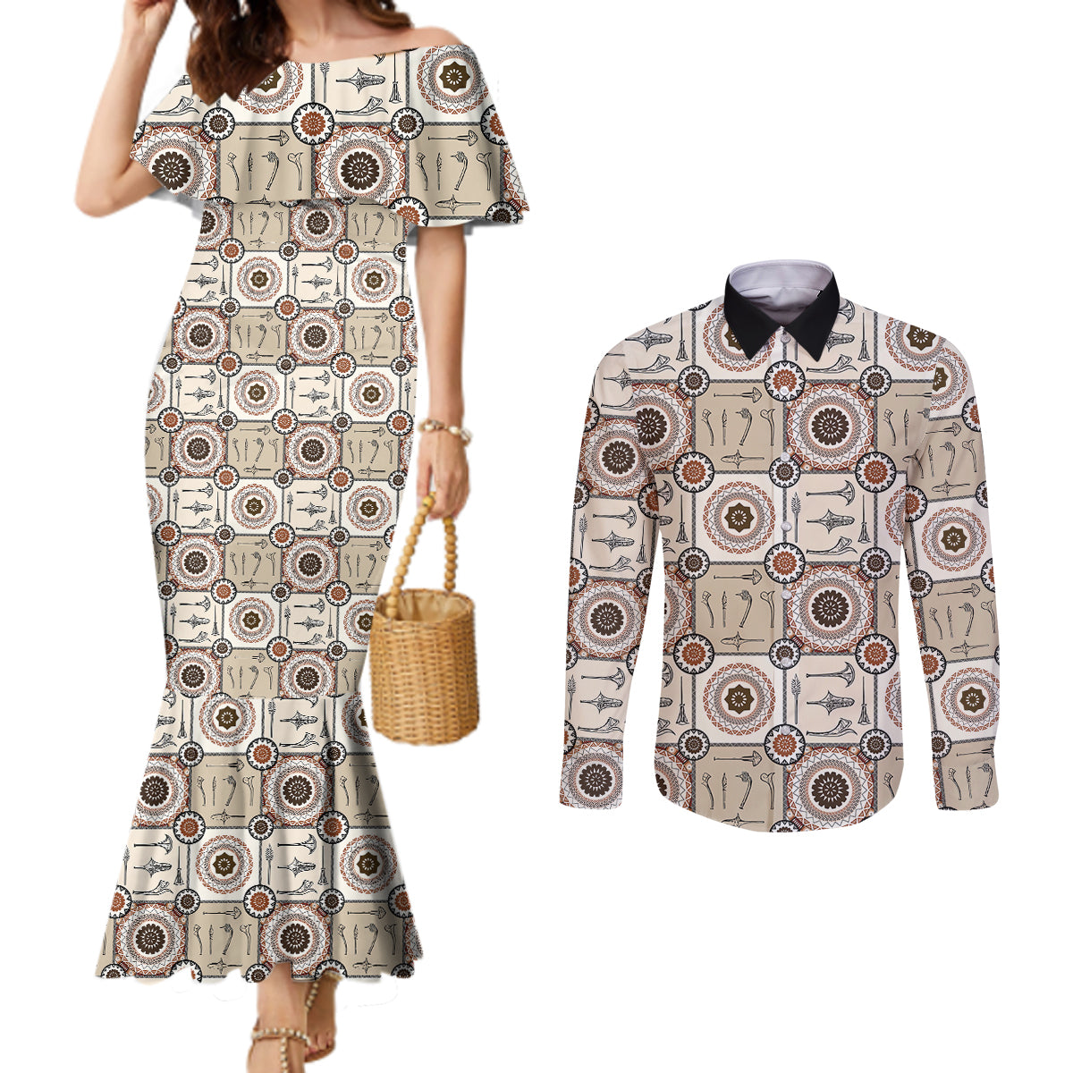 Tukenny Pattern Fijian War Clubs Couples Matching Mermaid Dress and Long Sleeve Button Shirt LT03 Beige - Polynesian Pride