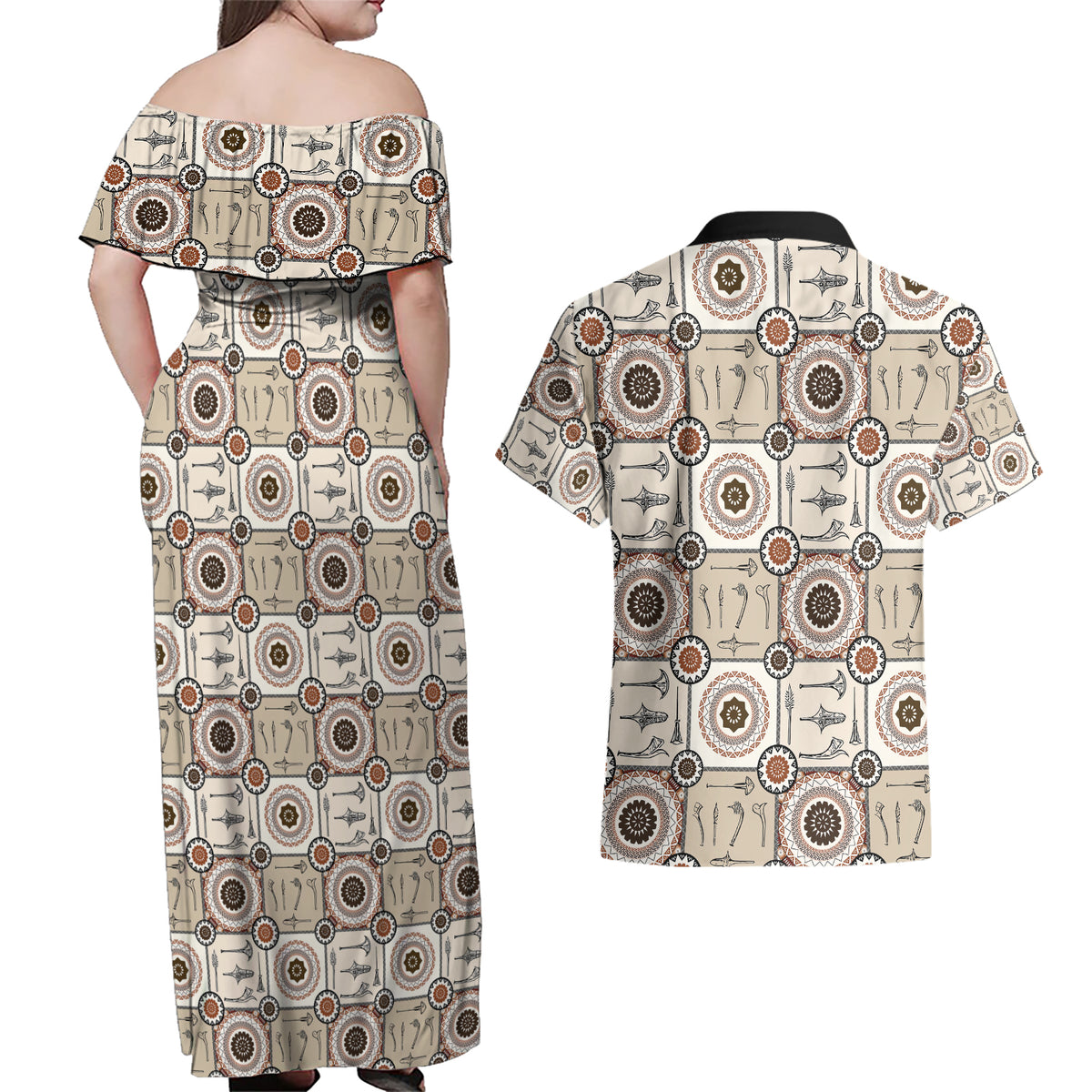 Tukenny Pattern Fijian War Clubs Couples Matching Off Shoulder Maxi Dress and Hawaiian Shirt LT03 - Polynesian Pride