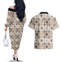 Tukenny Pattern Fijian War Clubs Couples Matching Off The Shoulder Long Sleeve Dress and Hawaiian Shirt LT03 - Polynesian Pride