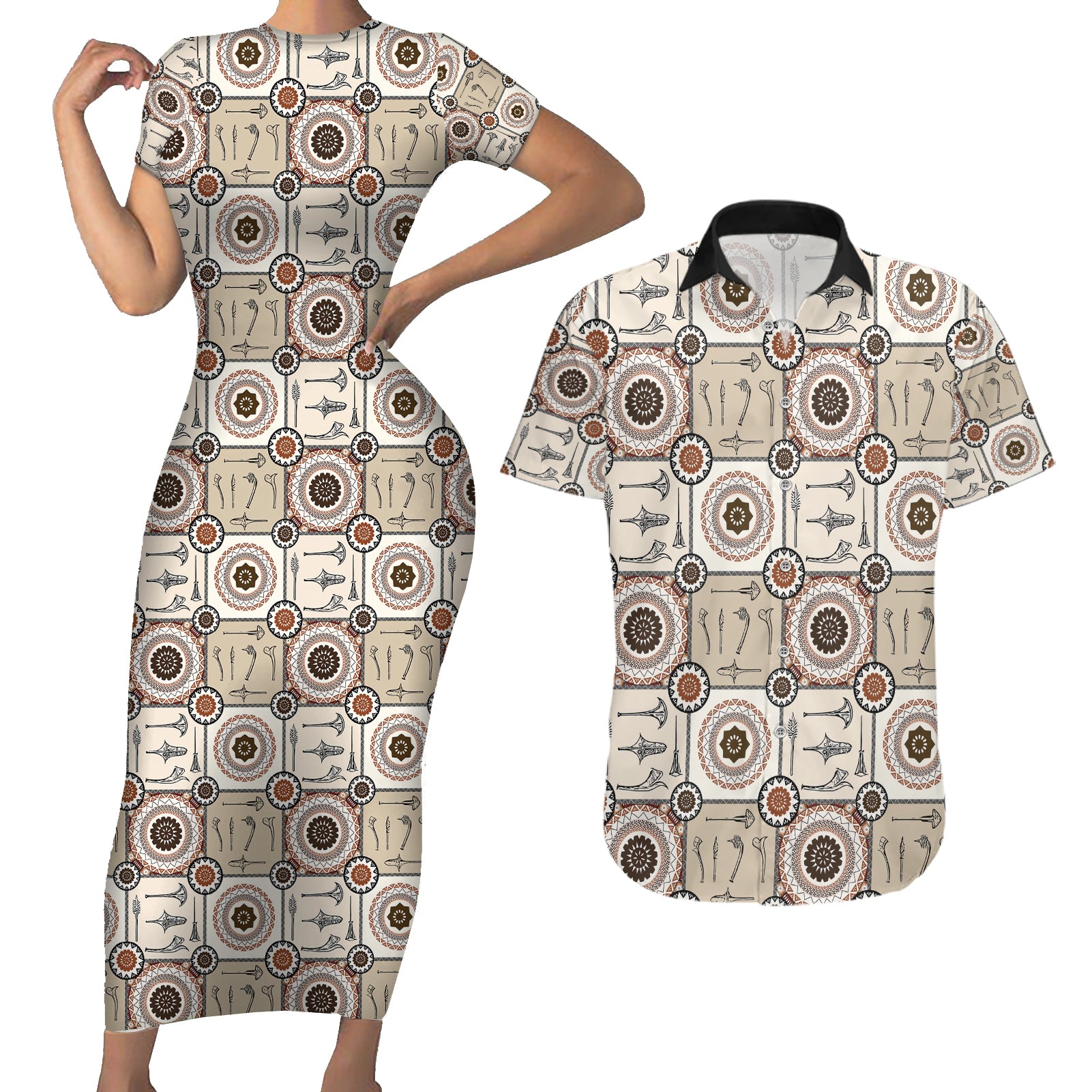 Tukenny Pattern Fijian War Clubs Couples Matching Short Sleeve Bodycon Dress and Hawaiian Shirt LT03 Beige - Polynesian Pride