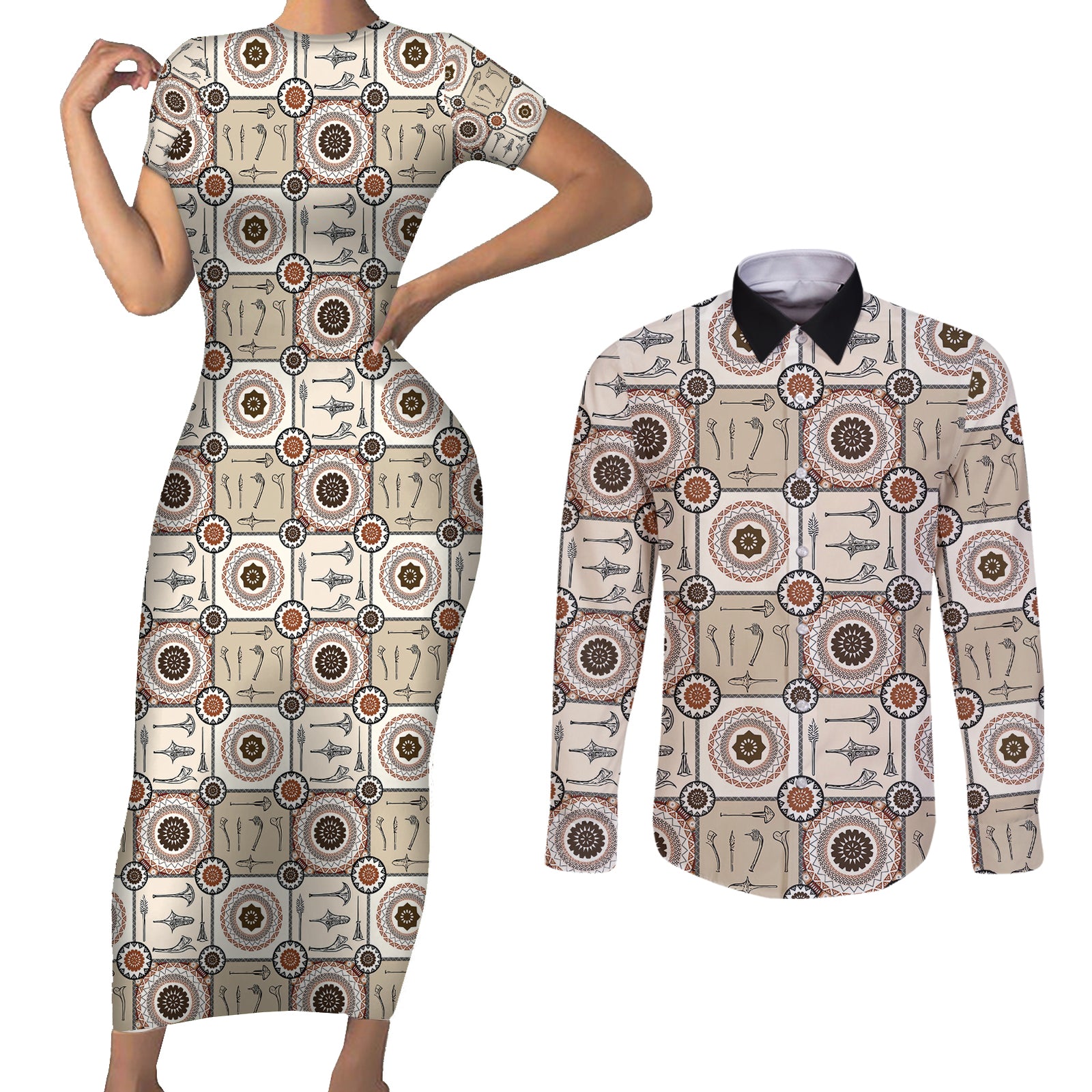 Tukenny Pattern Fijian War Clubs Couples Matching Short Sleeve Bodycon Dress and Long Sleeve Button Shirt LT03 Beige - Polynesian Pride