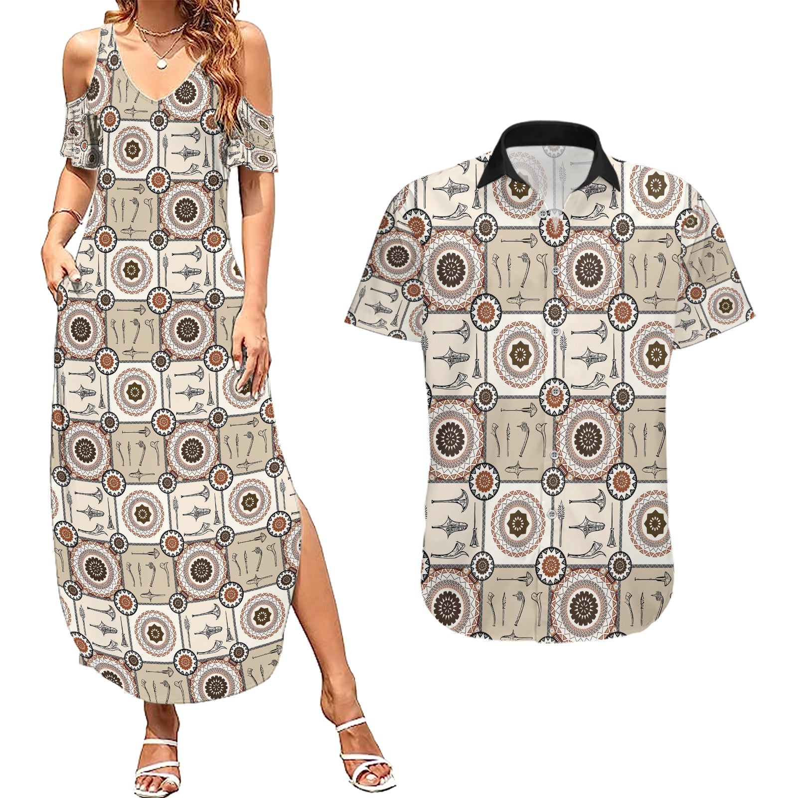 Tukenny Pattern Fijian War Clubs Couples Matching Summer Maxi Dress and Hawaiian Shirt LT03 Beige - Polynesian Pride