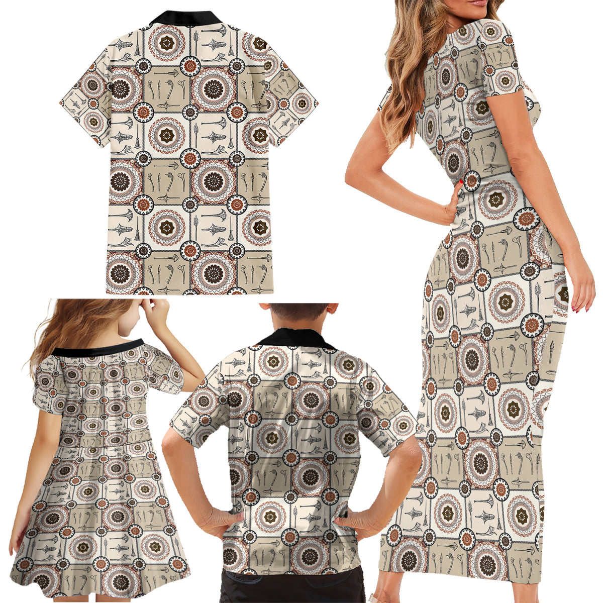 Tukenny Pattern Fijian War Clubs Family Matching Short Sleeve Bodycon Dress and Hawaiian Shirt LT03 - Polynesian Pride