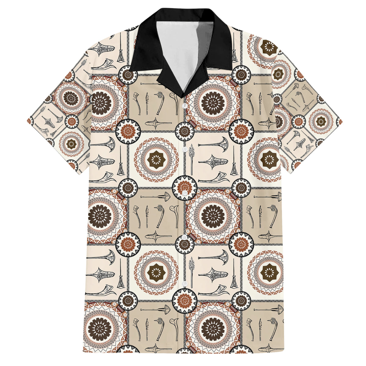 Tukenny Pattern Fijian War Clubs Family Matching Short Sleeve Bodycon Dress and Hawaiian Shirt LT03 Dad's Shirt - Short Sleeve Beige - Polynesian Pride
