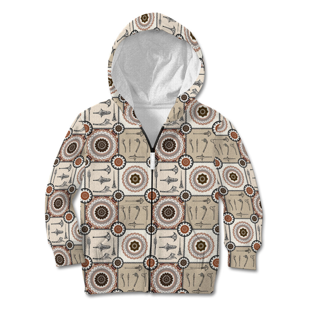 Tukenny Pattern Fijian War Clubs Kid Hoodie LT03 Zip Hoodie Beige - Polynesian Pride