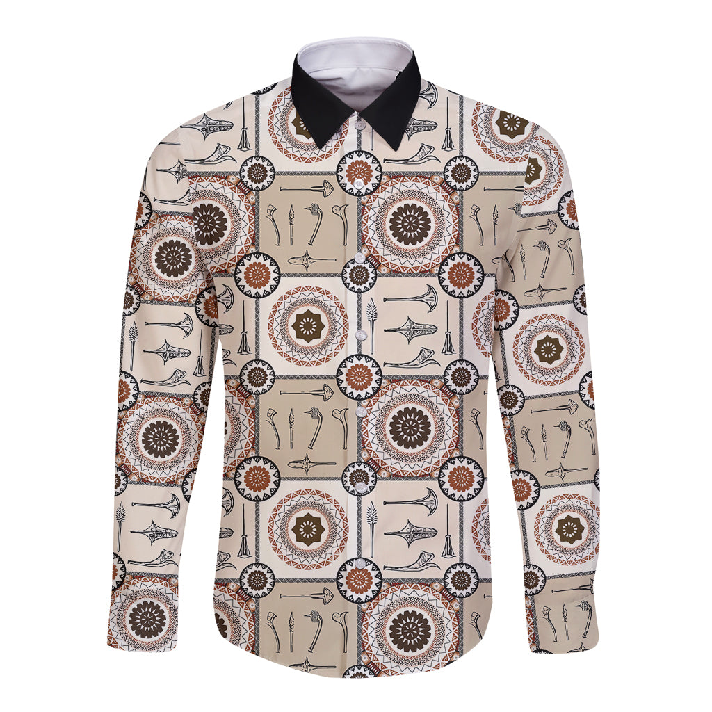 Tukenny Pattern Fijian War Clubs Long Sleeve Button Shirt LT03 Unisex Beige - Polynesian Pride