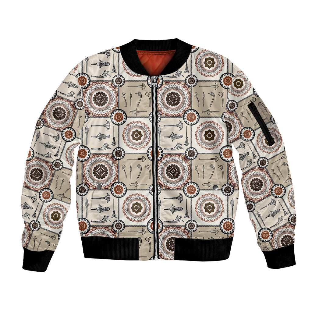 Tukenny Pattern Fijian War Clubs Sleeve Zip Bomber Jacket LT03 Unisex Beige - Polynesian Pride