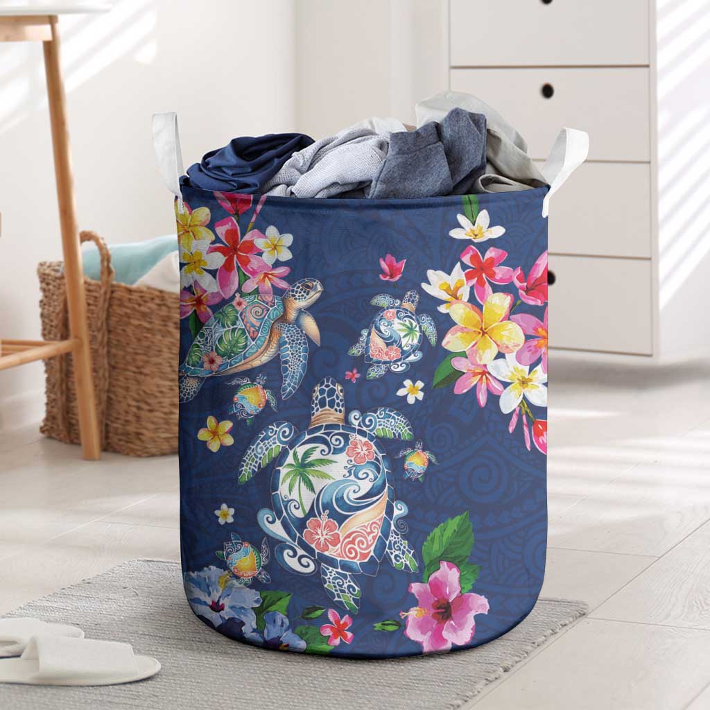 Hawaiian Turtles and Tropical Plants Laundry Basket Blue Watercolor