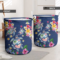 Hawaiian Turtles and Tropical Plants Laundry Basket Blue Watercolor