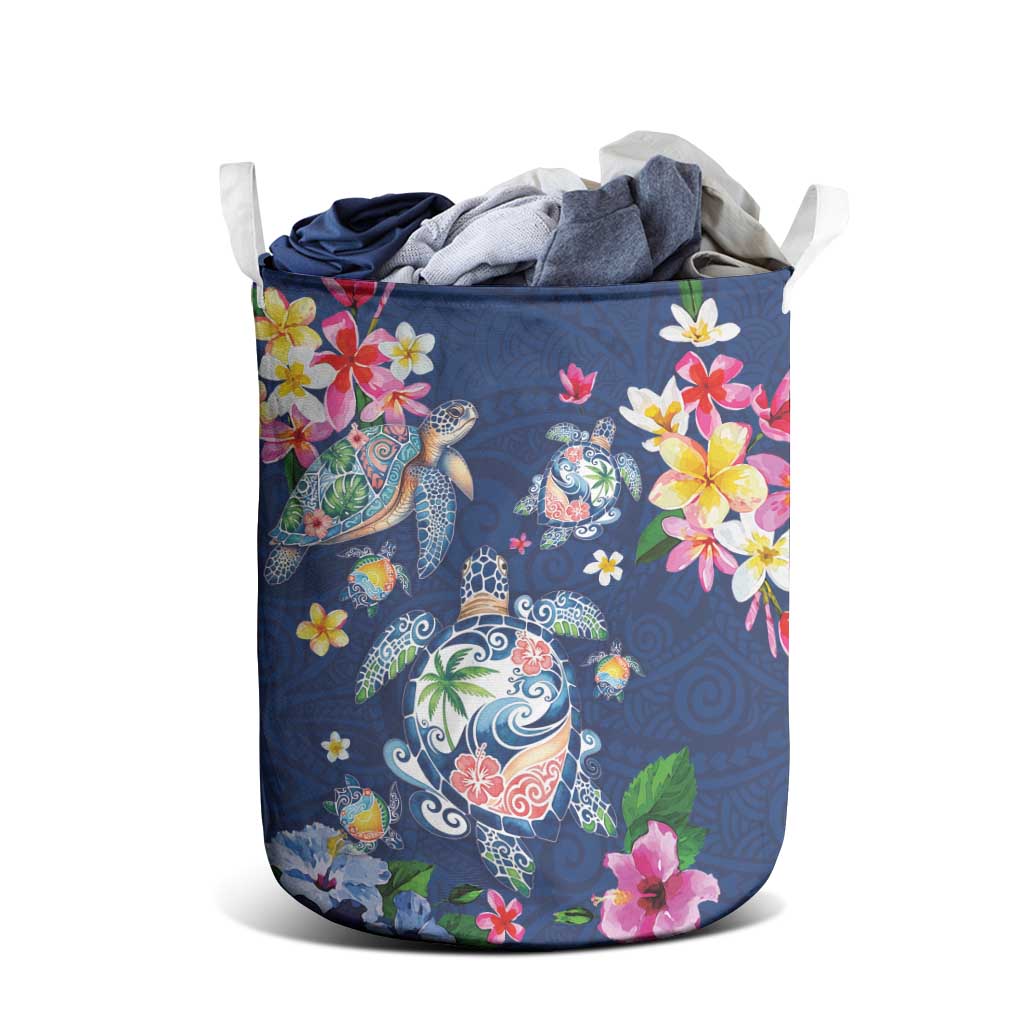 Hawaiian Turtles and Tropical Plants Laundry Basket Blue Watercolor