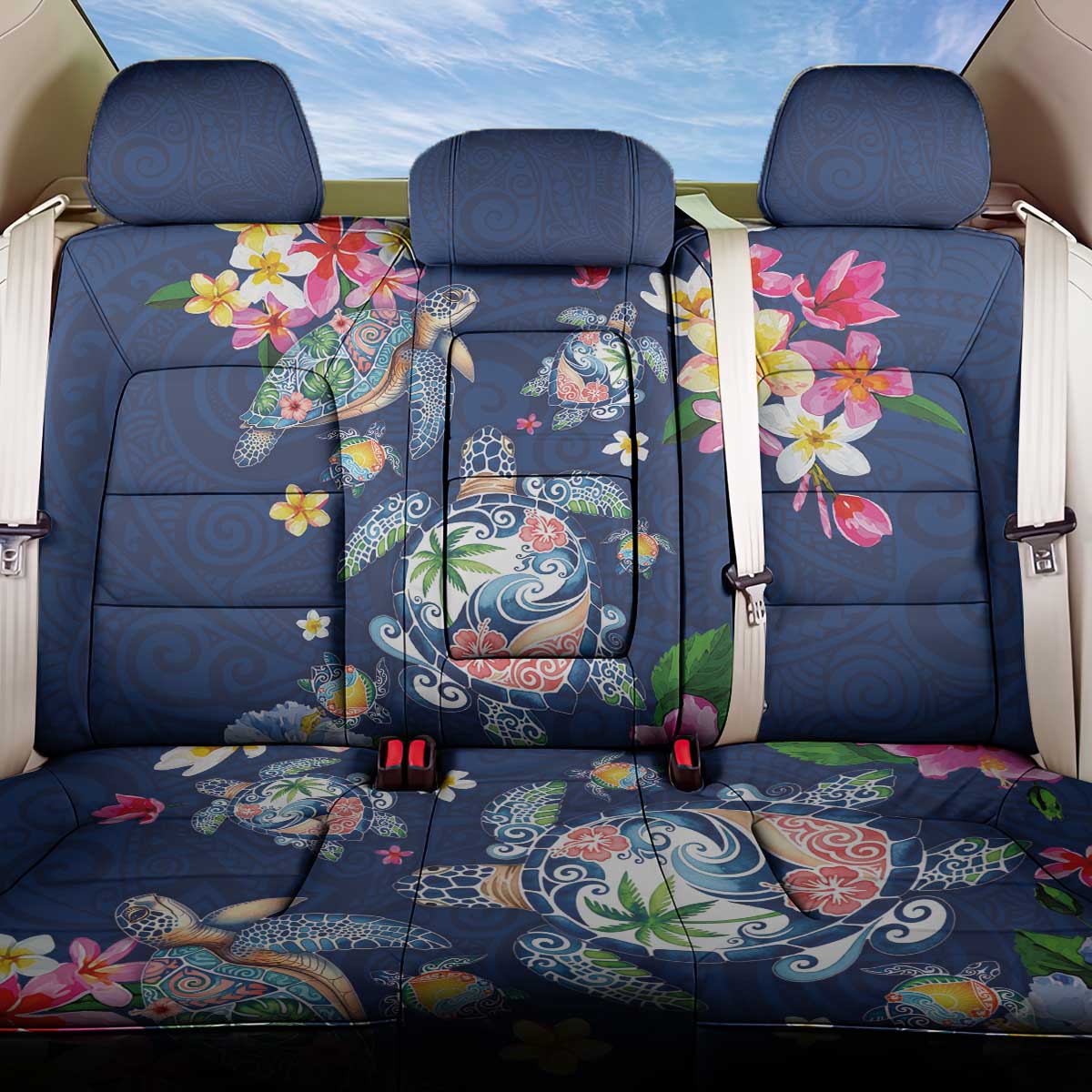 Hawaiian Turtles and Tropical Plants Back Car Seat Cover Blue Watercolor