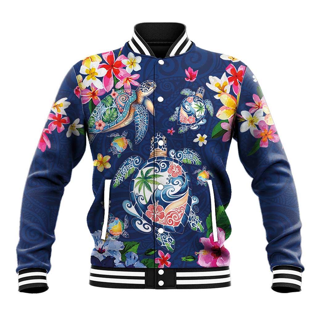 Hawaiian Turtles and Tropical Plants Baseball Jacket Blue Watercolor