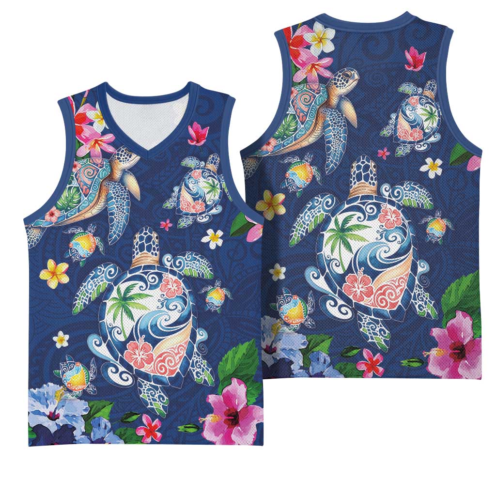Hawaiian Turtles and Tropical Plants Basketball Jersey Blue Watercolor LT03 - Polynesian Pride