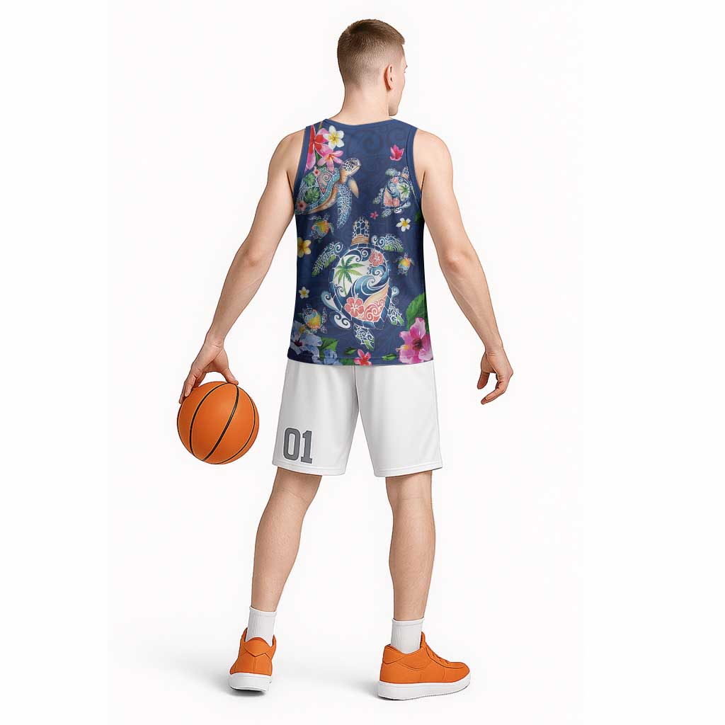 Hawaiian Turtles and Tropical Plants Basketball Jersey Blue Watercolor LT03 - Polynesian Pride
