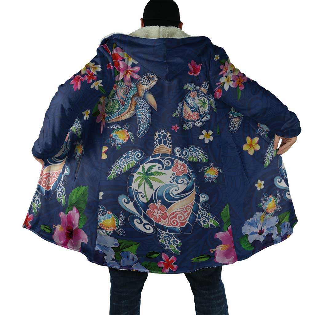 Hawaiian Turtles and Tropical Plants Cloak Blue Watercolor