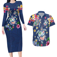 Hawaiian Turtles and Tropical Plants Couples Matching Long Sleeve Bodycon Dress and Hawaiian Shirt Blue Watercolor