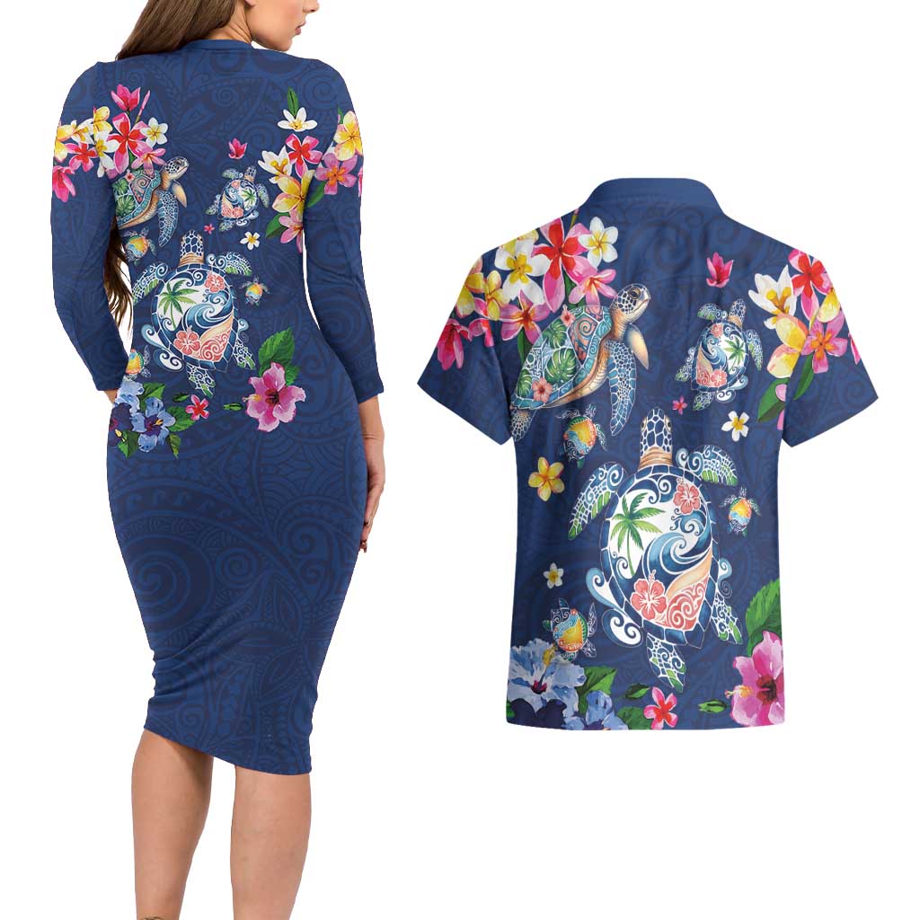 Hawaiian Turtles and Tropical Plants Couples Matching Long Sleeve Bodycon Dress and Hawaiian Shirt Blue Watercolor