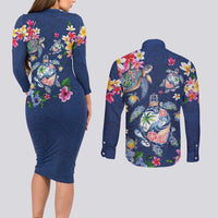 Hawaiian Turtles and Tropical Plants Couples Matching Long Sleeve Bodycon Dress and Long Sleeve Button Shirt Blue Watercolor LT03 - Polynesian Pride