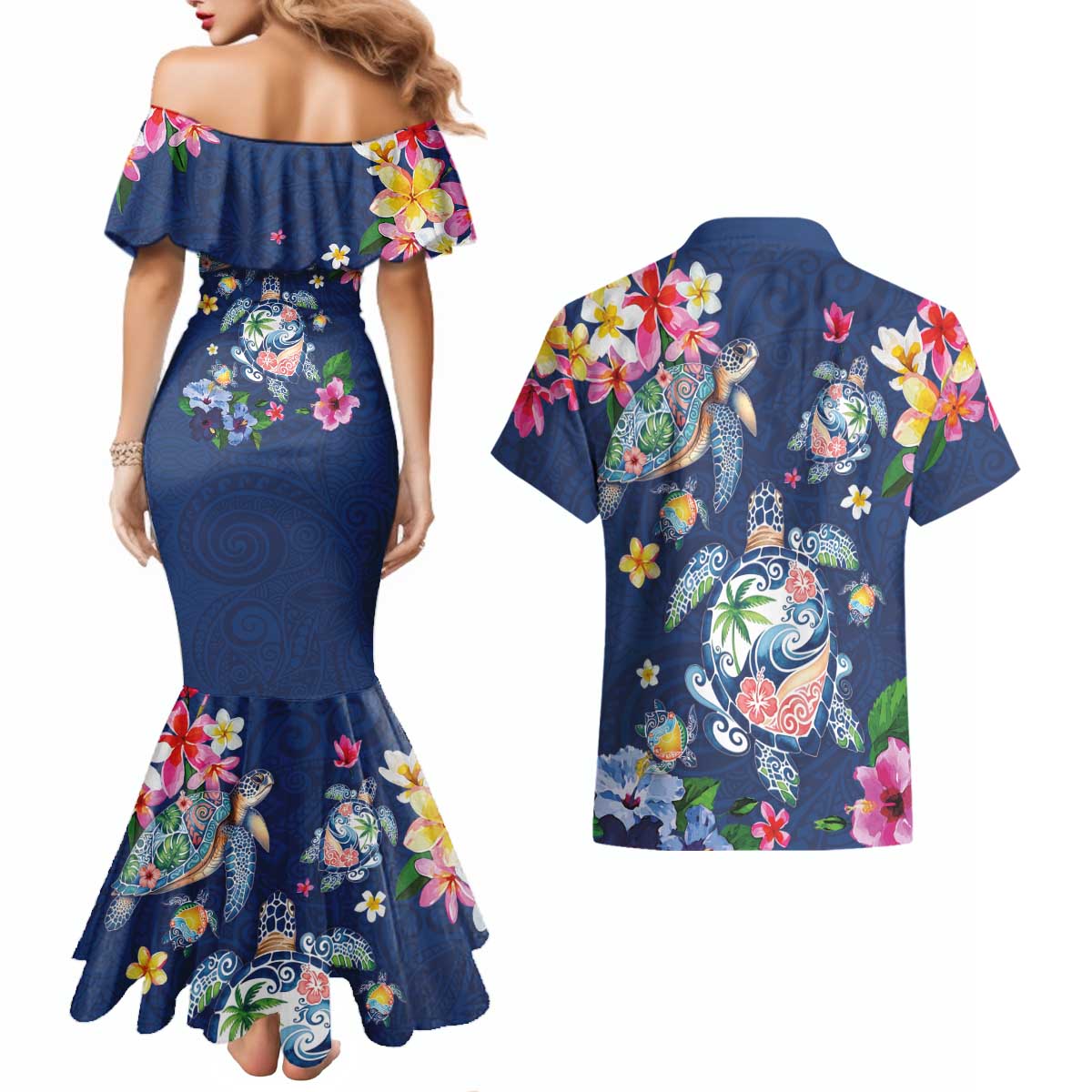 Hawaiian Turtles and Tropical Plants Couples Matching Mermaid Dress and Hawaiian Shirt Blue Watercolor