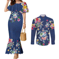 Hawaiian Turtles and Tropical Plants Couples Matching Mermaid Dress and Long Sleeve Button Shirt Blue Watercolor LT03 Blue - Polynesian Pride