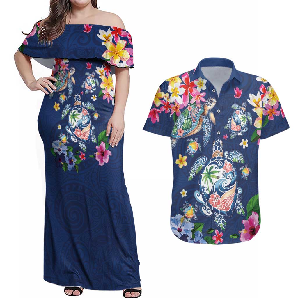 Hawaiian Turtles and Tropical Plants Couples Matching Off Shoulder Maxi Dress and Hawaiian Shirt Blue Watercolor LT03 Blue - Polynesian Pride
