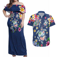 Hawaiian Turtles and Tropical Plants Couples Matching Off Shoulder Maxi Dress and Hawaiian Shirt Blue Watercolor LT03 Blue - Polynesian Pride