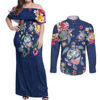 Hawaiian Turtles and Tropical Plants Couples Matching Off Shoulder Maxi Dress and Long Sleeve Button Shirt Blue Watercolor LT03 Blue - Polynesian Pride